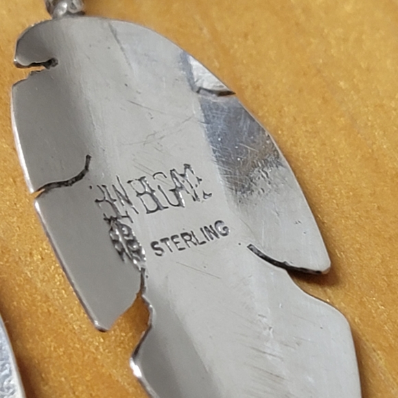 Signed NAVAJO BEN BEGAYE Turquoise Sterling Feather Earrings - Picture 8 of 11